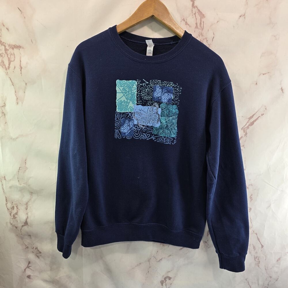 Vintage Sweatshirt Womens Small Blue Flower Pullover Butterfly Navy Crewneck
